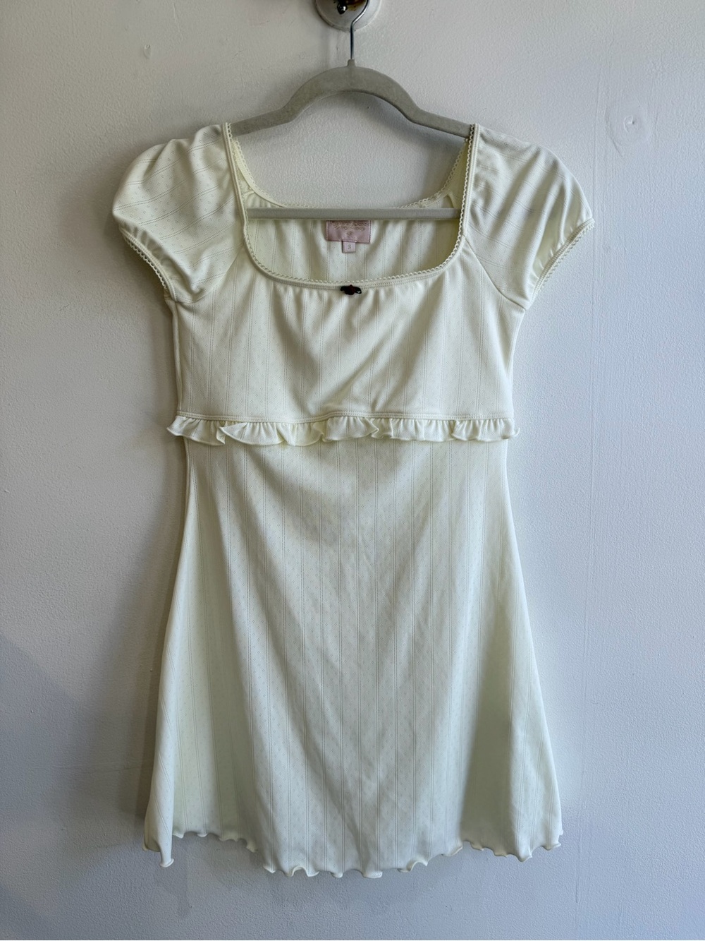 Frankie’s Bikinis Pointelle Cream Short Sleeve Ruffled Mini Dress